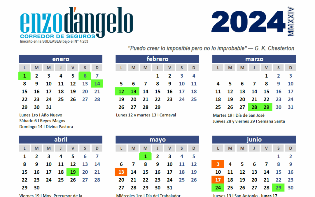 Nuevo Calendario Bancario y de Seguros 2024 (versión digital y para imprimir)
